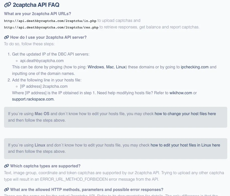 DeathByCaptcha documentation page listing its 2captcha-compatible in.php and res.php URLs and the supported captcha types