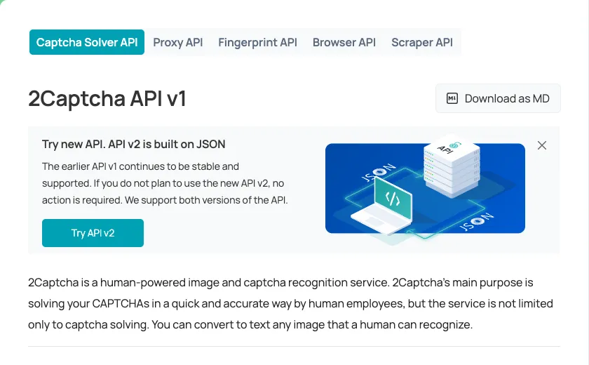 2Captcha API v1 documentation banner stating that v1 remains stable and supported and that API v2 is built on JSON