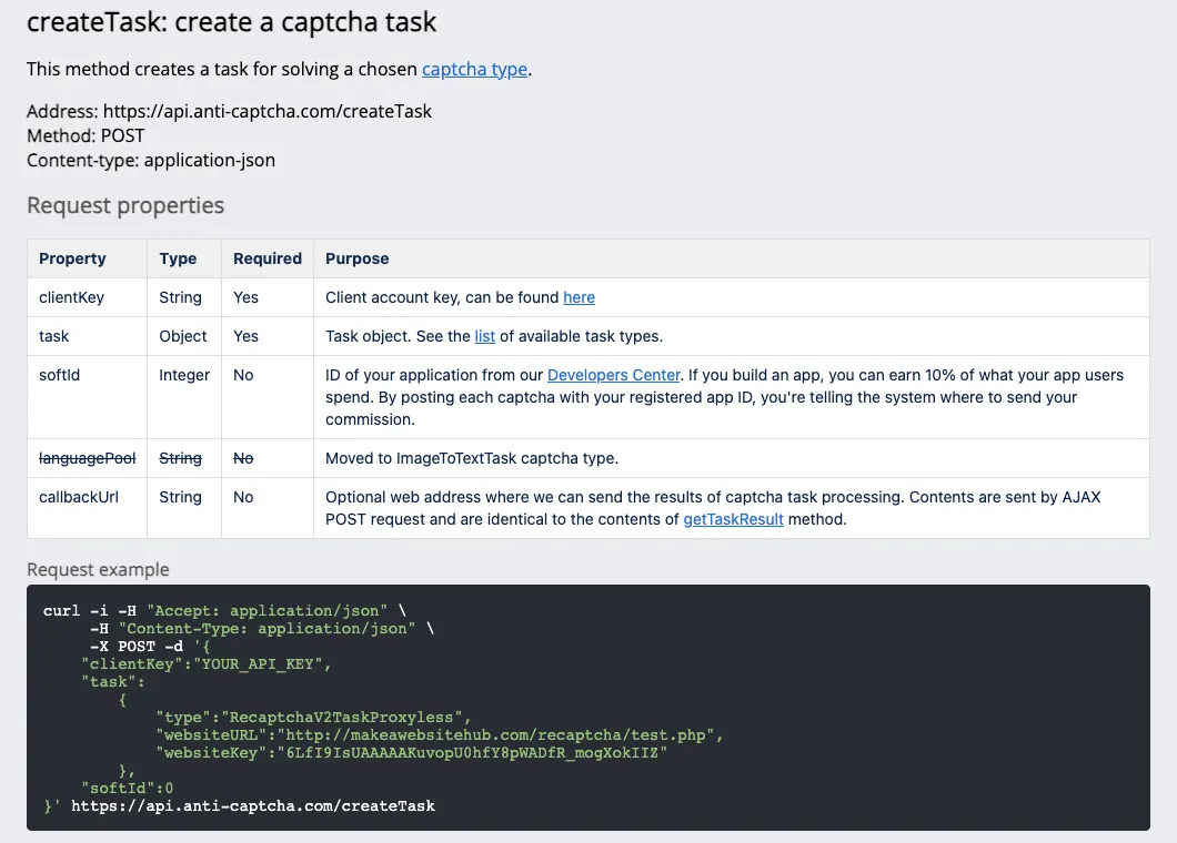 Anti-Captcha createTask documentation showing the clientKey and task JSON request with RecaptchaV2TaskProxyless