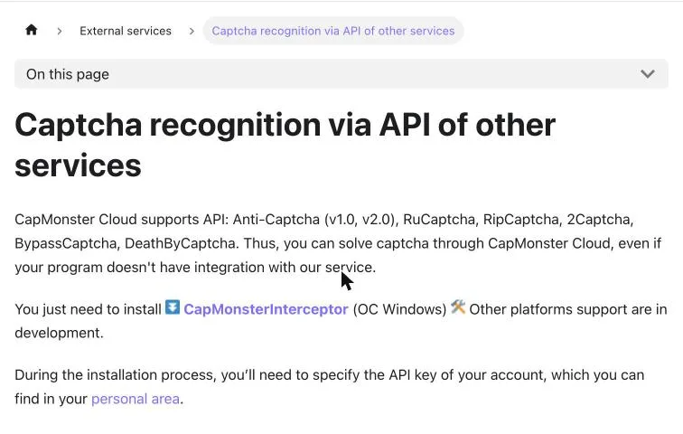 CapMonster Cloud docs page stating it supports other services' APIs through the CapMonsterInterceptor Windows program