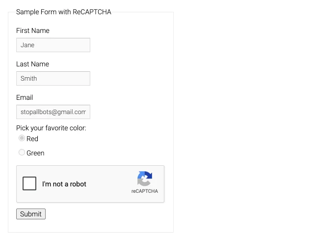 Google's public reCAPTCHA v2 demo form with name and email fields, the I'm not a robot checkbox and a Submit button