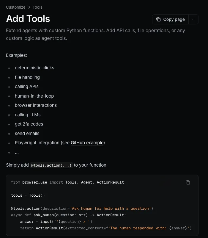 Browser Use documentation page titled Add Tools showing the tools.action decorator and an ActionResult example