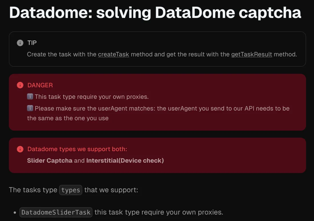 CapSolver DataDome documentation warning that the task type requires your own proxies and a matching userAgent, and supports slider and interstitial device check