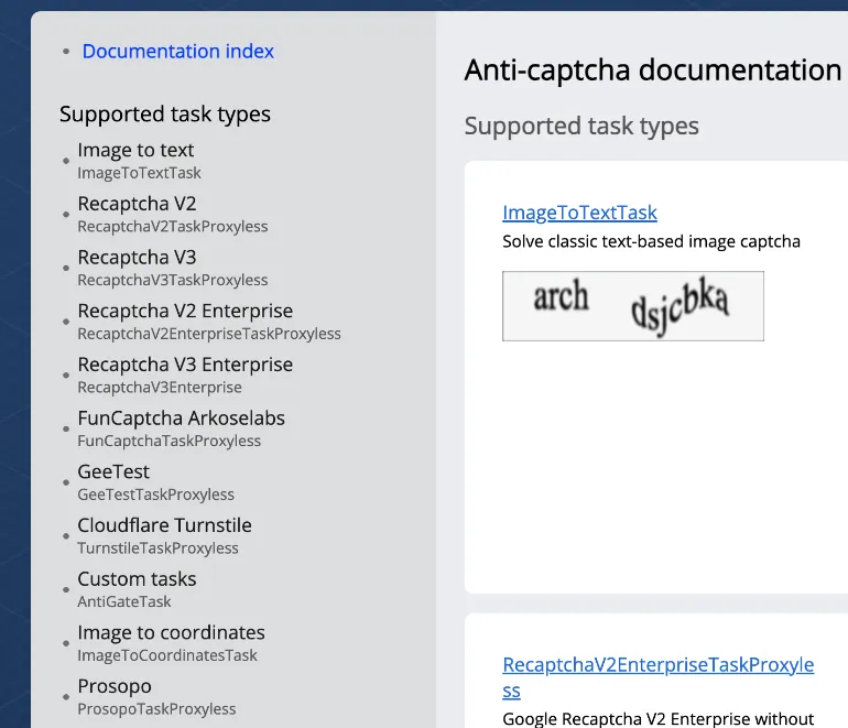 Anti-Captcha documentation sidebar listing supported task types such as ImageToTextTask, RecaptchaV2TaskProxyless, TurnstileTaskProxyless and GeeTestTaskProxyless, with no DataDome entry