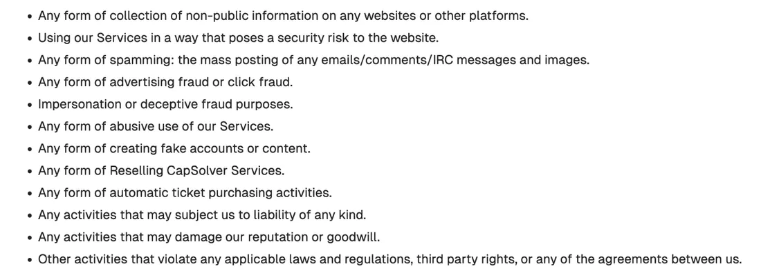 CapSolver terms of service list of prohibited activities, including any form of reselling CapSolver services and any form of automatic ticket purchasing activities
