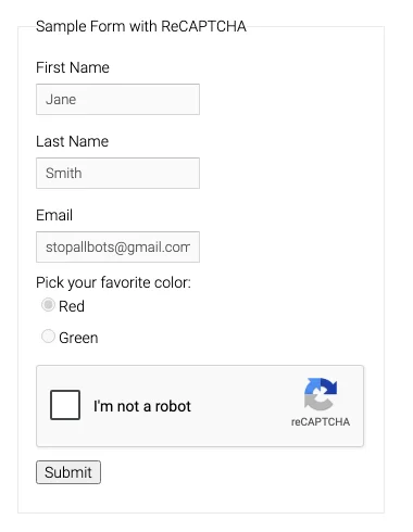 Google's public reCAPTCHA v2 demo form with name and email fields, an I'm not a robot checkbox and a Submit button