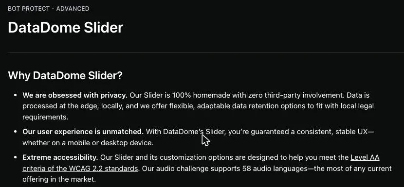 DataDome documentation page titled DataDome Slider, describing privacy, user experience and accessibility, including audio challenges in 58 languages