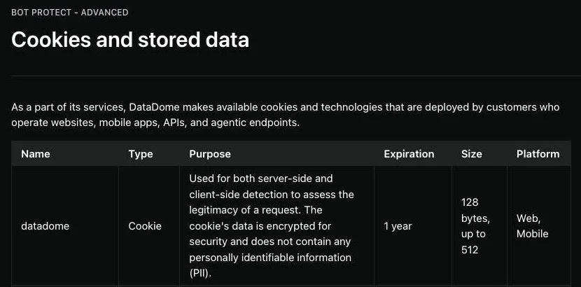 DataDome documentation table showing the datadome cookie used for server-side and client-side detection, encrypted, with a one-year expiration and a size of 128 to 512 bytes