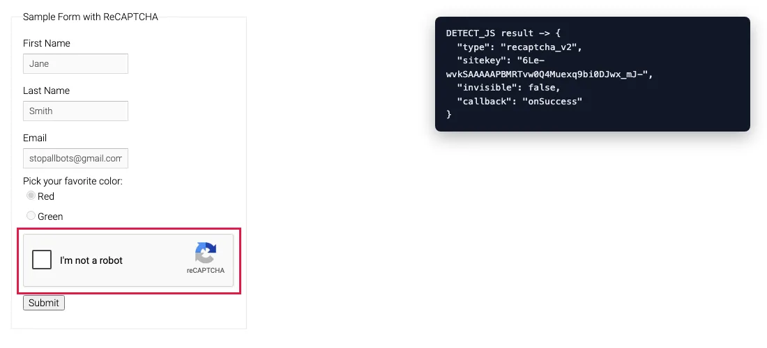 Google reCAPTCHA demo form with the I'm not a robot widget outlined, next to the detection script's output showing type recaptcha_v2, the public demo sitekey, invisible false and callback onSuccess