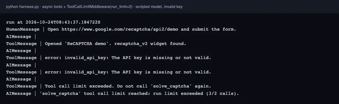 Agent message log: open_page finds a recaptcha_v2 widget, two solve_captcha calls return invalid_api_key errors, the third is blocked with Tool call limit exceeded and the run ends at 3/2 calls