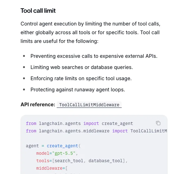 LangChain documentation section titled Tool call limit listing uses such as preventing excessive calls to expensive external APIs and protecting against runaway agent loops, with a ToolCallLimitMiddleware import