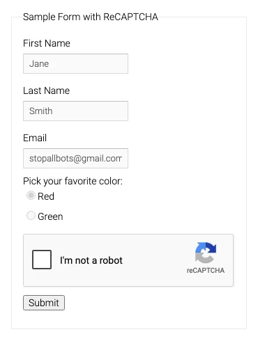 Google's public reCAPTCHA v2 demo form with first name, last name and email fields above the I'm not a robot checkbox and a Submit button