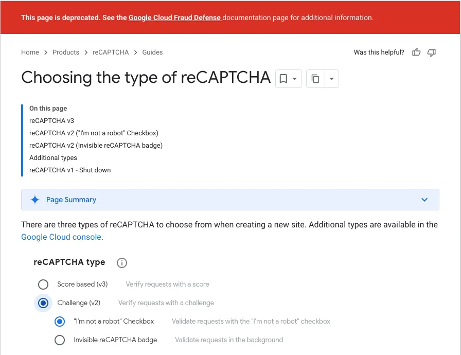 Google's Choosing the type of reCAPTCHA page with a red banner saying the page is deprecated in favour of Google Cloud Fraud Defense, and radio buttons for score based v3 and challenge v2 with checkbox and invisible badge options