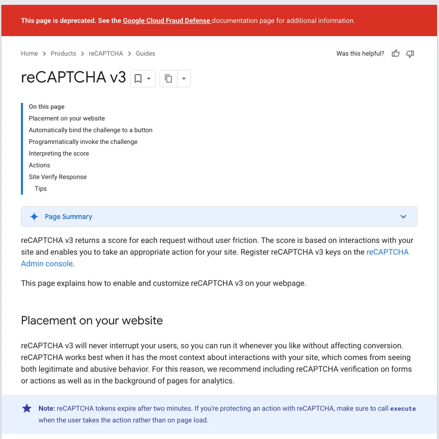 Google's reCAPTCHA v3 developer documentation with a deprecation banner pointing to Google Cloud Fraud Defense and a note that tokens expire after two minutes