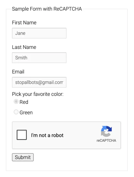 Google's public reCAPTCHA v2 demo form with the I'm not a robot checkbox, as loaded by headless Selenium