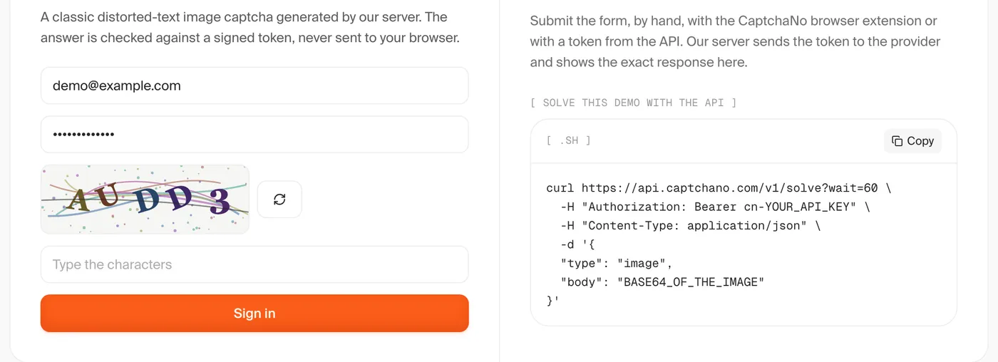 CaptchaNo captcha demo page showing a distorted text image captcha next to the cURL request that solves it with type image and a base64 body