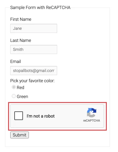 Google reCAPTCHA v2 demo form with the I'm not a robot checkbox outlined in red