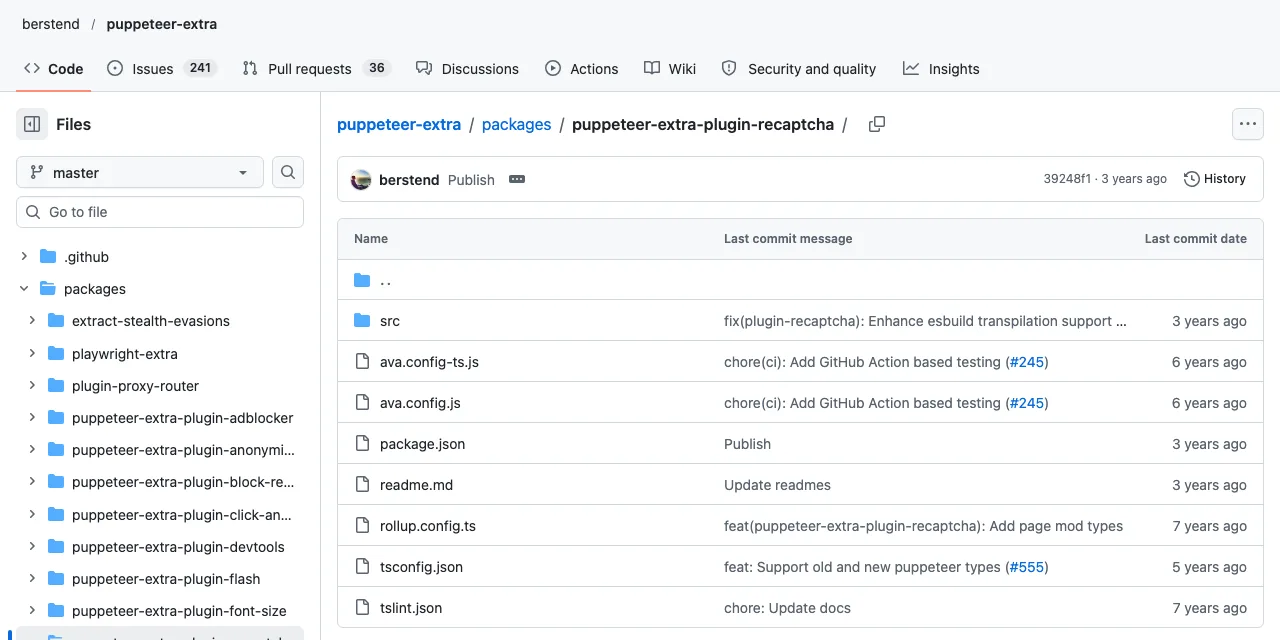 GitHub folder for puppeteer-extra-plugin-recaptcha showing the last commits three years ago