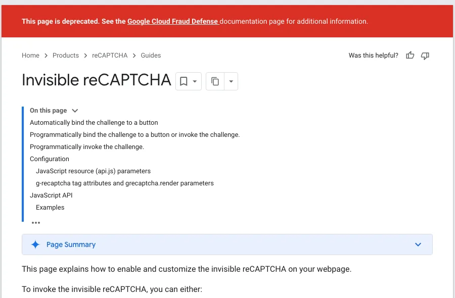 Google's Invisible reCAPTCHA documentation page with a red banner saying the page is deprecated