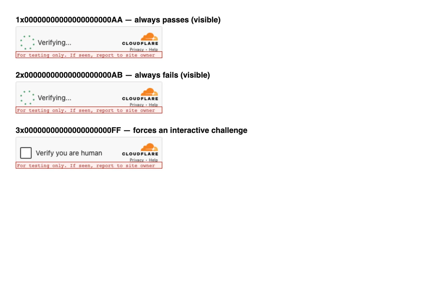Three Cloudflare Turnstile widgets rendered with the always-pass, always-fail and force-interactive test site keys, each with a red For testing only banner