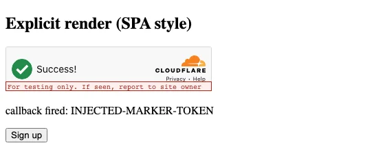 Local test page with an explicitly rendered Cloudflare Turnstile test widget showing Success, and the page text callback fired: INJECTED-MARKER-TOKEN after the captured callback was called